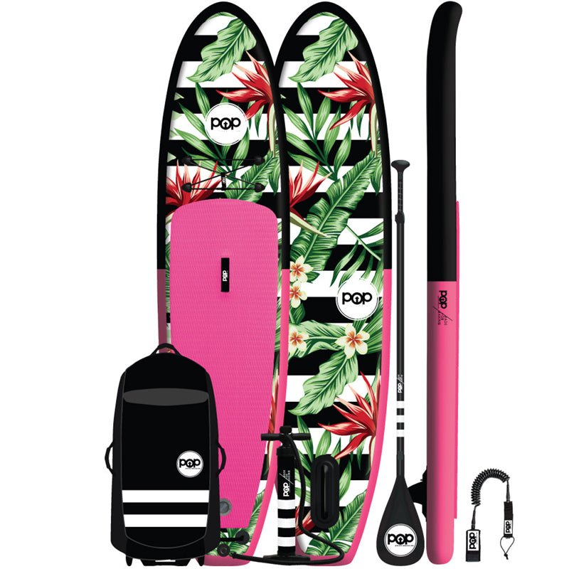 Royal Hawaiian SUP Pink-Black full view of the kit inclusions: POP Paddleboard, High Roller Backpack, adjustable 3-piece paddle, dual action pump and 10' Coiled Leash.