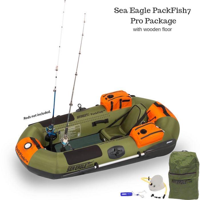 Sea Eagle PackFish7 Inflatable Fishing Boat Pro Package with wooden floorboard, top view. 