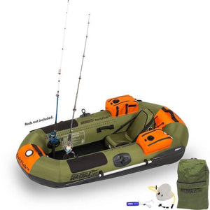 Sea Eagle PackFish7 Inflatable Fishing Boat top view display.  Hunter green with hunter orange highlights. 