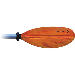 Point 65 Easy Tourer Vario 2-Piece Kayak Paddle. Blade is orange with other different shades of orange stroked in. Black Point65N logo on blade. Aluminum shaft.