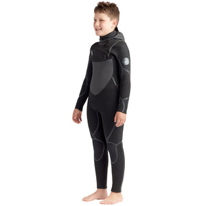 This is the left-frontal view of the Youth Phoenix 5/4/3mm Slant-Hip Hooded Fullsuit without wearing the hood.
