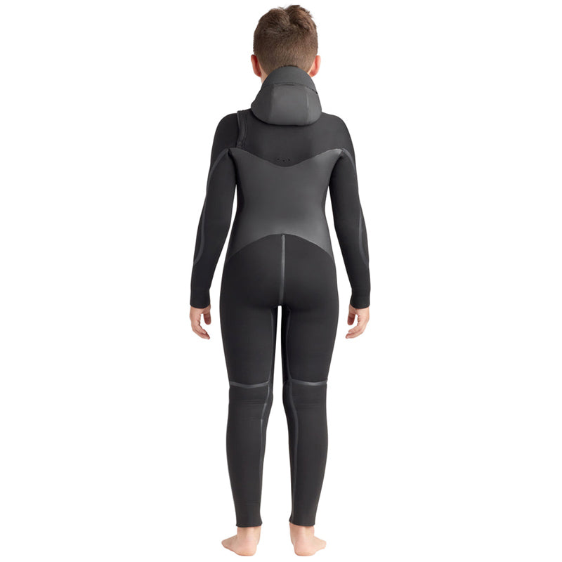 This is the full-back view of the Youth Phoenix 5/4/3mm Slant-Hip Hooded Fullsuit without wearing the hood.
