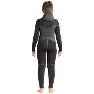 This is the full-back view of the Youth Phoenix 5/4/3mm Slant-Hip Hooded Fullsuit without wearing the hood.