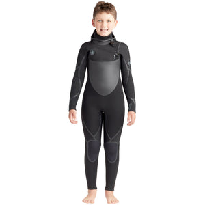 This is the full-frontal view of the Youth Phoenix 5/4/3mm Slant-Hip Hooded Fullsuit without wearing the hood.