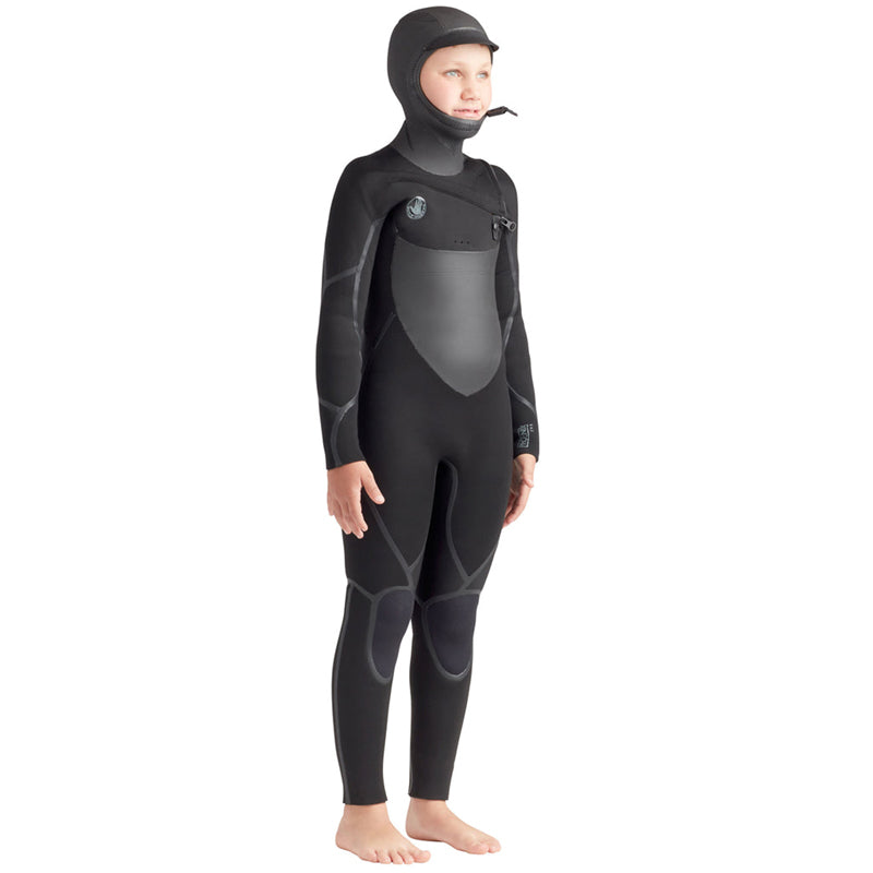 This is the right-frontal view of the Youth Phoenix 5/4/3mm Slant-Hip Hooded Fullsuit.