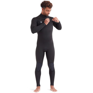 This is the full frontal view of the black Phoenix Men's Chest-Zip Full Wetsuit featuring the chest zip.