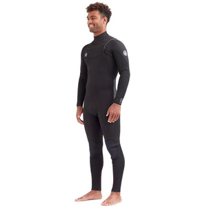 This is the left-frontal view of the black Phoenix Men's Chest-Zip Full Wetsuit.