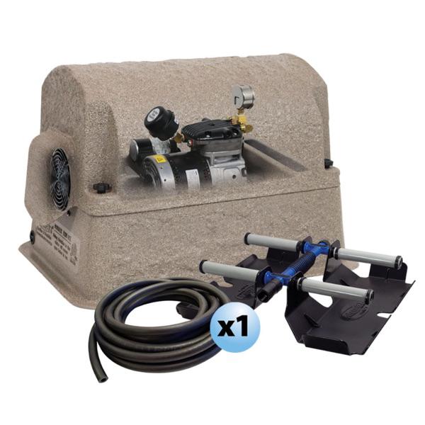 Airmax PondSeries PS10 Aeration System.  Shown with the brown composite cover over the Rocking Piston Compressor.  A roll of 3/8&quot; airline and a 4 ProAir 4 Weighted Diffuser.