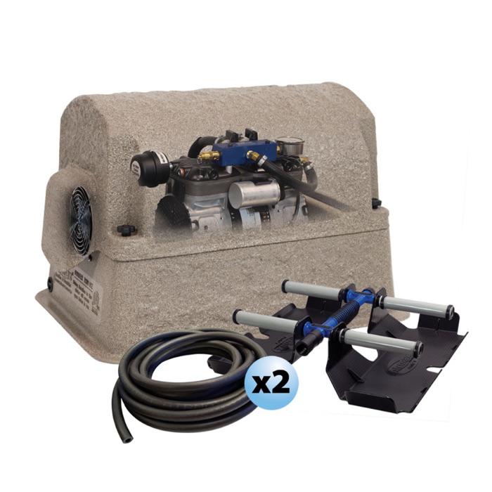 Airmax PondSeries PS20 Aerator System.  Shown with the tan standard composite cabinet over the SIlentAir Rocking Piston Compressor.  A roll of 3/8&quot; airline and (2) 4 ProAir 4 Weighted Diffusers are included.