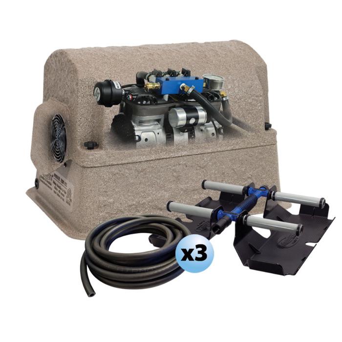 Airmax PondSeries PS30 Aeration System.  Shown with the brown standard composite cover over the Rocking Piston Compressor.  A roll of 3/8" airline and (3) 4 ProAir 4 Weighted Diffuser sit in front and are included.