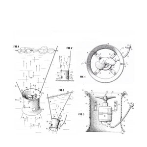 The original Power House Ice Eater Patent. Picture of the penciled out sketching of the PowerHouse Ice Eater for sale patent. Top view, side view cut out to see the motor, and 2 other side views are all visible along with details of the design of the Powerhouse Ice Eater. The details show why the PowerHouse Ice Eaters for Sale have become the best dock deicers in the water.