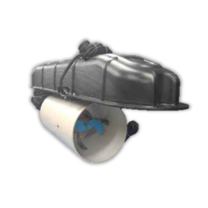 Bearon Aquatics FG1000 Flo-Gen Aerator for Sale.  The Power House FG1000 features a black plastic floatation device with a FG1000 Aerator for Sale attached underneath.  The white shroud and blue propeller are clearly in view.