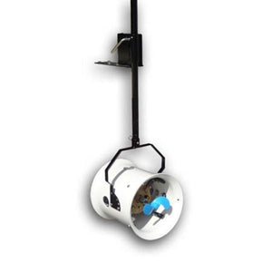 Power House Ice Eater Dock Mount shown as a display on a white background.  The Ice Eater Dock Mount is one single black pole going down to the bracket which fits around the Powerhouse Ice Eater.  About half way down the deicer dock mount pole is a bracket to attach it to the dock for complete dock ice protection.  The dock mount deicer looks sharp against the white housing of the Powerhouse Ice Eater deicer with de-icer dock mount.