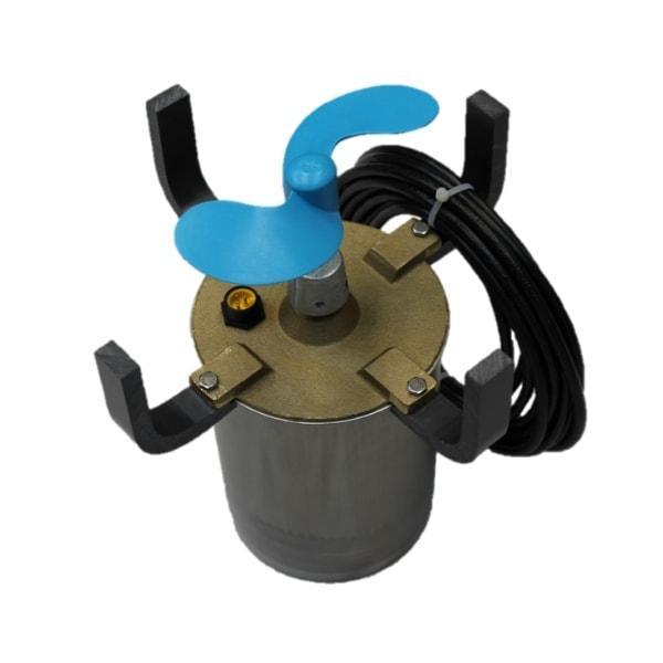 Bearon Aquatics P1000 Ice Eater Motor Replacement Dock De-Icer Motor.  Shown here with the blue propeller, 4 brackets, steel canister with copper top, and the power cord draped around a bracket of the P1000 Ice Eater Motor.