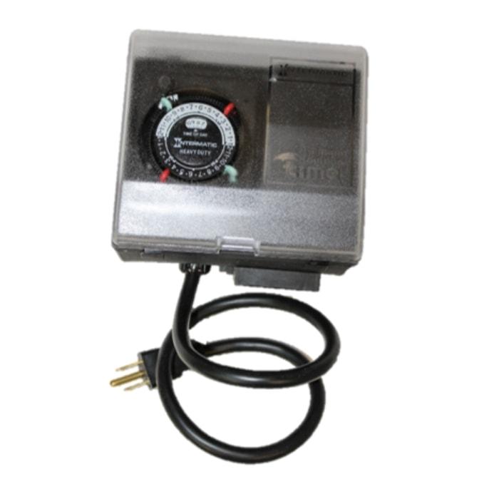 Bearon Aquatics Timer for Aerator or Ice Eater.  Grey aluminum box with black and white timer.  Black power cord is attached to the Ice Eater and Aerator Timer.