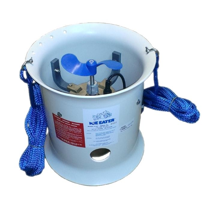 Bearon Aquatics Variable Speed VS1000 Ice Eater. We see the dock de icer with all white outer shroud with blue mooring ropes and blue propeller