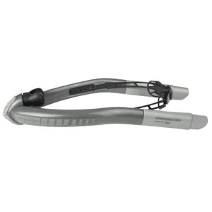 Side view of the Ameo Powerbreather Sport Edition Advanced Snorkel. Dual gray snorkels with light gray highlights and speed vents. Mouth piece and twist lock head clamp are black.