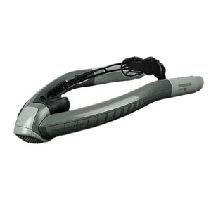 Ameo Powerbreather Sport Gray Display image. There is a snorkel that goes up on each side of the face. Each snorkel is dark grey with light gray highllights. There is a black mouthpiece and black twist lock head clamp.