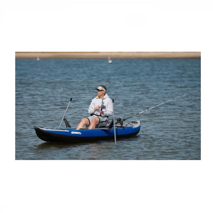 Fishing on the lake with the Sea Eagle Universal QuikRow™ Kit on a Sea Eagle Inflatable kayak. 