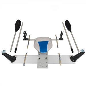 Sea Eagle Universal QuikRow™ Kit front display view.   Aluminum frame with white and blue seat.