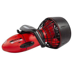 Yamaha RDS200 Sea Scooter for sale right hand side view in a display image.  The RDS 300 Sea Scooter is all Red with a black handle and propeller fan cover.  White lettering spells out Yamaha RDS 300 SeaScooter