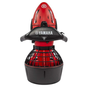Top view of the Yamaha RDS200 Sea Scooter.  The Red and black design is highlighted by a white Yamaha RDS200 Sea Scooter logo.