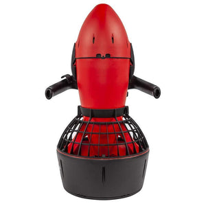 Yamaha RDS200 Sea Scooter for sale under side view.  From this angle you see predominantly red with some black on the fan cover and the extending handles. 