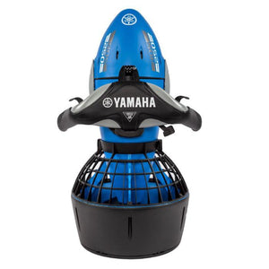 Top view of the Yamaha RDS250 Seascooter.  The Seascooter has a blue and grey body and the handles and fan cover are black.