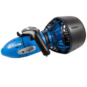 Yamaha RDS250 Seascooter is shown with a right side view.  The seascooter is blue with black and grey highlights.  The propeller cover on the back is black as is the handle.  The body has the look of a torpedo with a larger fan cover on the back of the Yamaha RDS 250 Sea Scooter.