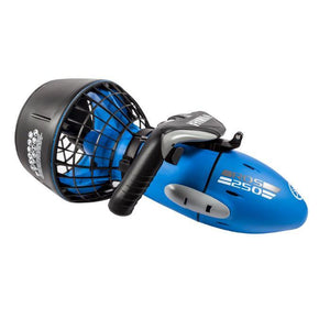 Right hand side view of the Yamaha RDS250 Seascooter.  The body is blue and looks like the top half of a torpedo.  On the rear is black propeller fan cover.  The handles are also black and there are grey highlights on the body of the seascooter.  The Yamaha RDS 250 Seascooter is printed out in white and grey lettering.