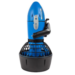 Yamaha RDS250 Seascooter is viewed from the left side. It is all blue with black on the handle and fan cover.  You can also see the white lettering that says Yamaha RDS250 Seascooter