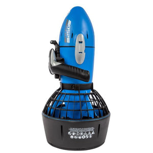 Yamaha RDS250 Seascooter is in the upright position sitting on the black fan cover.  The blue RDS250 Sea Scooter is shown from the right side and you can see the Yamaha RDS250 SeaScooter print in white letters.  There are also some grey highlights.