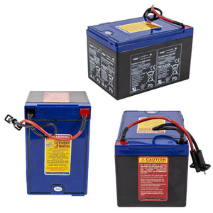 The battery for the Yamaha RDS 300 Sea Scooter for sale is pictured from 3 angles showing the caution instructions, safety instructions, and operating instructions.  The RDS300 Sea Scooter battery is blue on top with black sides.  The safety instructions are on a red background, the carution instructions on a yellow background and there is white wording throughout the side panels of the RDS300 Seascooter battery.