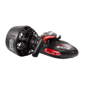 side view of the Yamaha RDS 300 Sea Scooter.  This is a display image of the RDS 300 Sea Scooter against a white background.  The seascooter looks like a small fan attached to device with handles for 2 hands.  The RDS300 Sea Scooter for sale is predominantly black with red highlights.