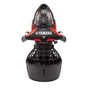 Upright top view of the Yamaha RDS 300 Sea Scooter for sale.  The rear end fan is sitting facing down with the sea scooter pointed up like a spaceship ready to take off.  You can see the white Yamaha Sea Scooter RDS 300 logo on top of the black handles with red highlights.  The nose of the the RDS 300 Sea Scooter for sale is almost all black with red highlights and white RDS 300 Sea Scooter logo.