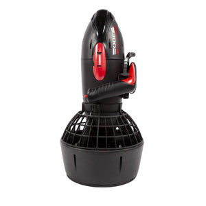 Side view of the Yamaha RDS 300 Sea Scooter for sale.  Black and Red design with the biggest part being the propeller fan and motor in the rear of the Yamaha Sea Scooter.
