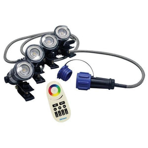 Airmax RGBW Color-Changing LED Fountain 4 Light Set Kit.  Remote is shown with light kit and connector.