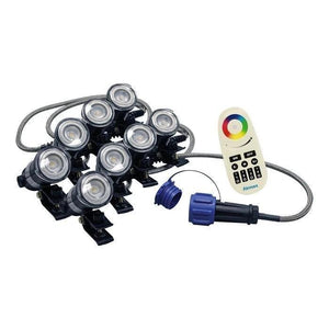 Airmax RGBW Color-Changing LED Fountain 8 Light Set Kit is shown on a white background. The Airmax Light kit is shown with connector and remote control.