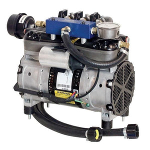 Airmax SilentAir RP50 1/2HP Piston Compressor with Triple Plate Manifold. Silver with black houses and grills and a blue manifold box.