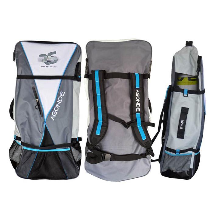 3 views of Rave Agonde Paddleboard backpack.