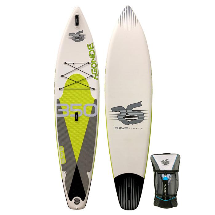 Rave Agonde Inflatable Paddle Board. Image shows white, black, green/lime and grey color scheme on the top of the board. Beside the top part image of the paddleboard shows the white bottom image with brand trademark. Backpack is the third image.