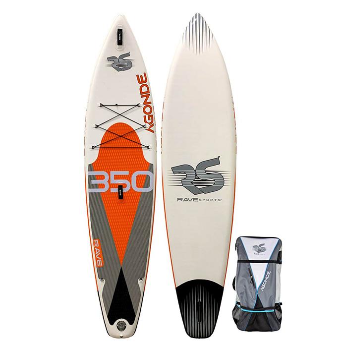 Rave Agonde Inflatable Paddle Board. Image shows white, black, orange and grey color scheme on the top of the board. Beside the top part image of the paddleboard shows the white bottom image with brand trademark. Backpack is the third image.