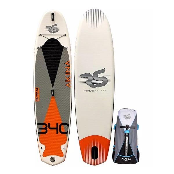 Rave Akina Inflatable Paddle Board. Image shows the white, black, orange, and grey color scheme on the top of the board. 2nd image of paddleboard shows the white bottom. Carry bag is pictured.