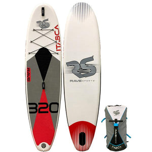 Rave Itasca Inflatable Paddleboard - Salmon Red 10'6" images of top, bottom, and side view of the inflatable paddleboard. The colors are red, grey, black, and white.