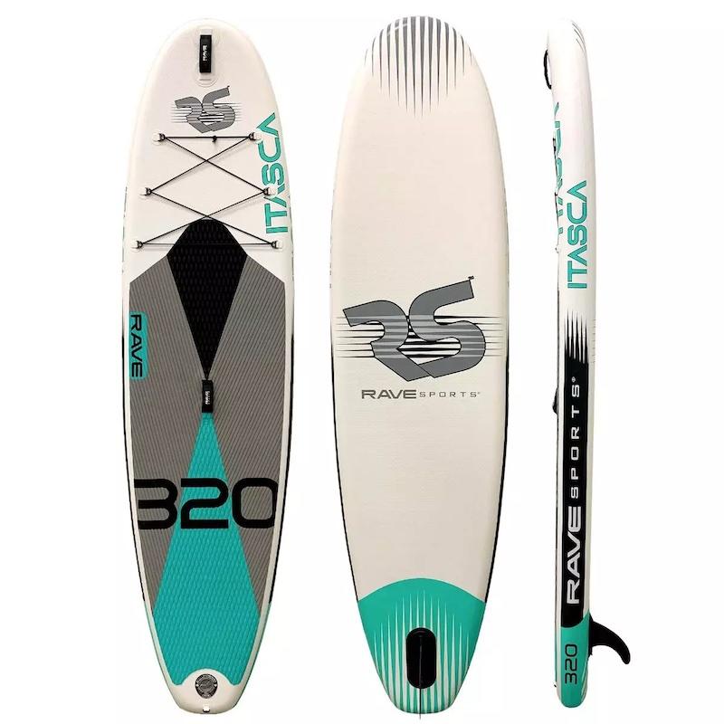 Rave Itasca Inflatable Paddleboard - Quarry Blue 10&#39;6&quot; images of top, bottom, and side view of the inflatable paddleboard. The colors are teal, grey, black, and white.