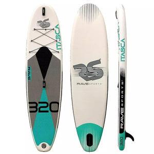 Rave Itasca Inflatable Paddleboard - Quarry Blue 10'6" images of top, bottom, and side view of the inflatable paddleboard. The colors are teal, grey, black, and white.