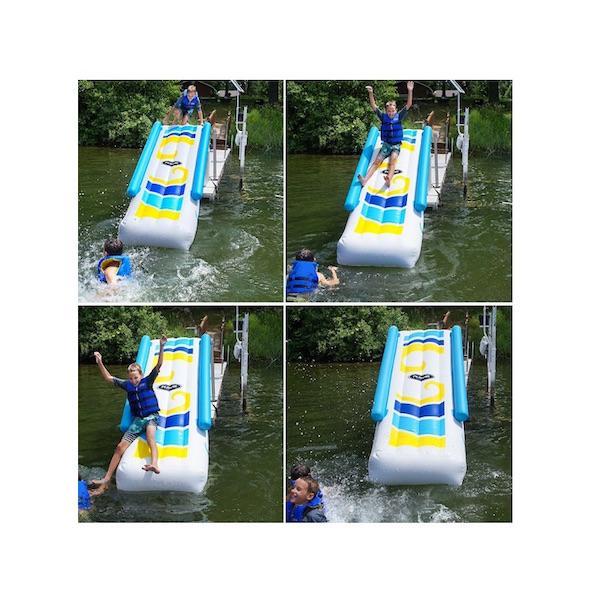 A 4 pic cross section of a boy sliding down the Rave Inflatable Dock Slide.