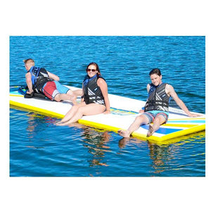 Rave Water Whoosh 15 has 2 kids sitting and 1 kidding laying down on it.  It is floating on the lake at and is sturdy and balanced.  It is one of the best inflatable water mats on the water.