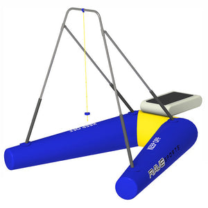 Rave Rope Swing Water Trampoline Attachment with blue inner tubes with yellow highlights and aluminum rope swing frame.  Computer generated image on a white background. 