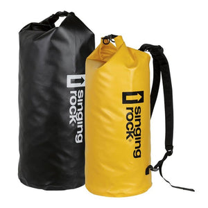 This shows the two variations of the Singing Rock Dry Bags. One is a 60-litre black bag while the other one is a 40-litre yellow bag.